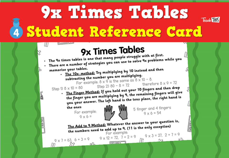 9x Times Tables - Student Reference Card