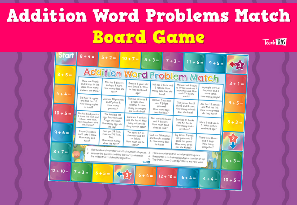 Addition Word Problems Match Board Game