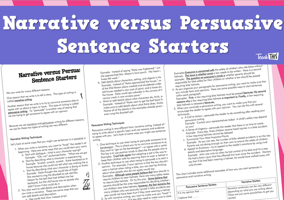 Narrative versus Persuasive Sentence Starters