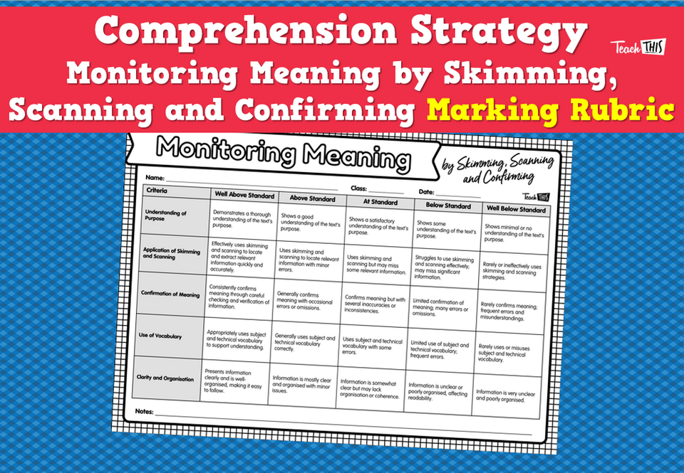 Comprehension Strategy - Monitoring Meaning by Skimming, Scanning and Confirming Marking Rubric
