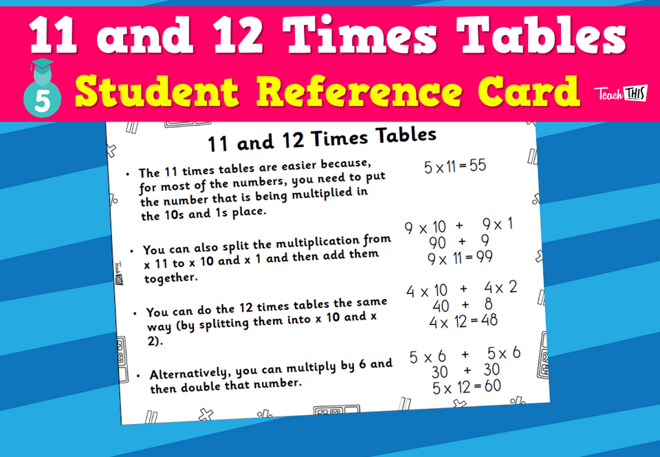 11 and 12 Times Tables - Student Reference Card