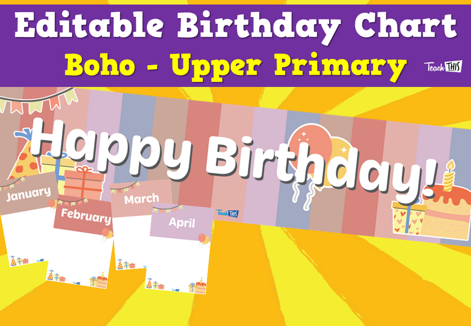 Editable Birthday Chart - Boho - Upper Primary