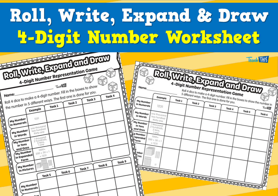 Roll, Write, Expand & Draw - 4-Digit Number Worksheet