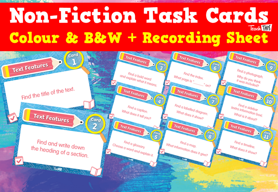 Non-Fiction Task Cards – Colour & B&W + Recording Sheet
