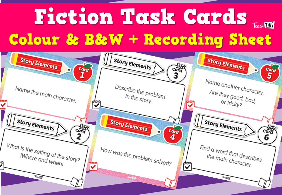 Fiction Task Cards - Colour & B&W + Recording Sheet