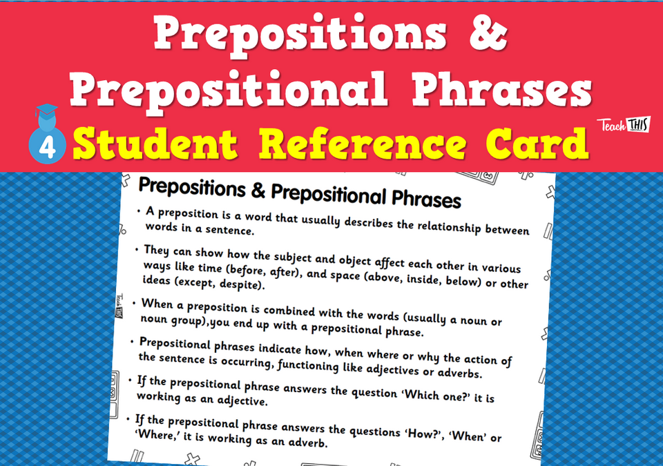 Prepositions & Prepositional Phrases- Student Reference Card