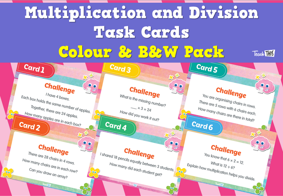 Multiplication and Division Task Cards - Colour & B&W Pack