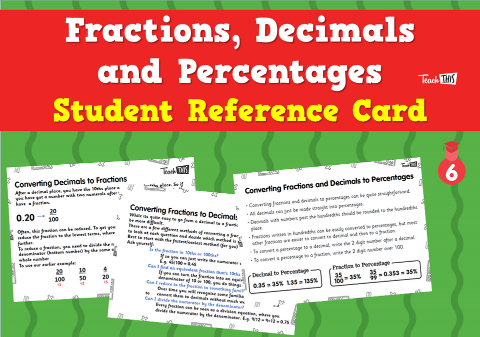 Fractions, Decimals and Percentages - Student Reference Cards