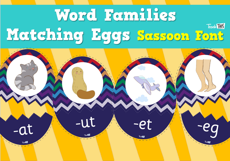 Word Families Matching Eggs - Sassoon Font