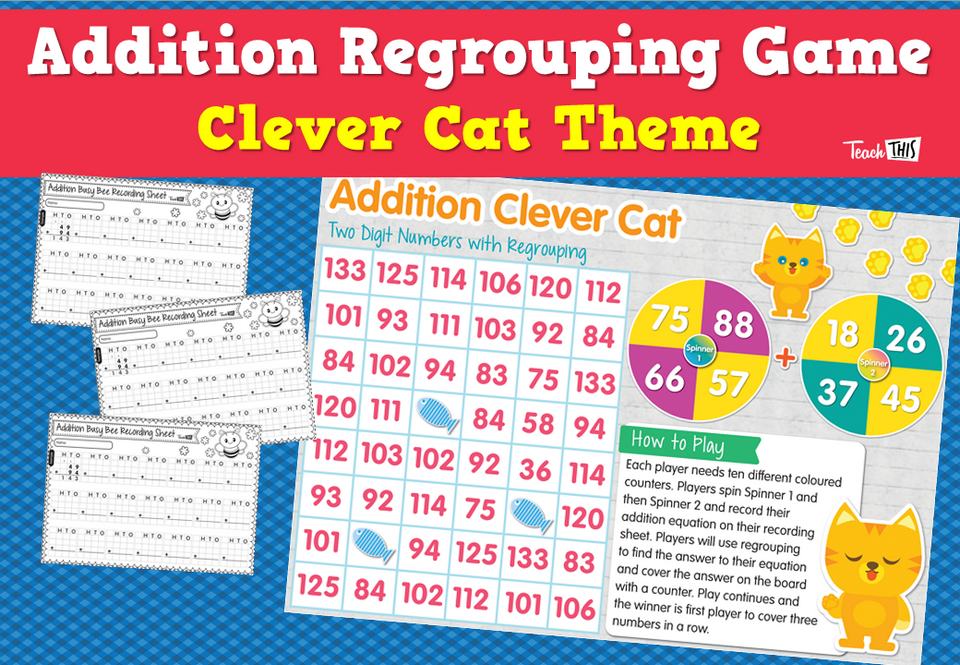 Addition Regrouping Game - Clever Cat Theme