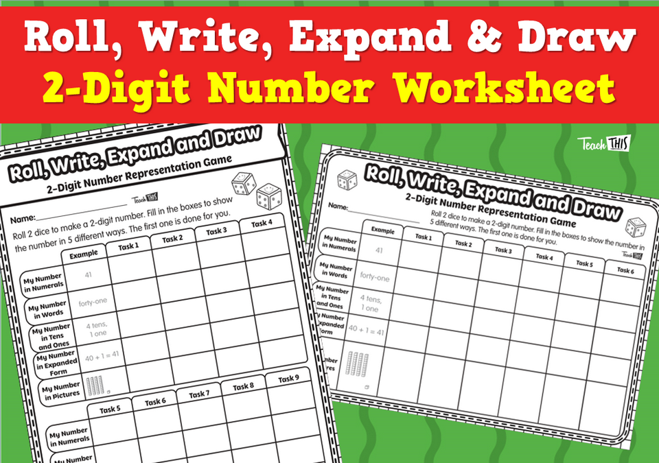 Roll, Write, Expand & Draw - 2-Digit Number Worksheet