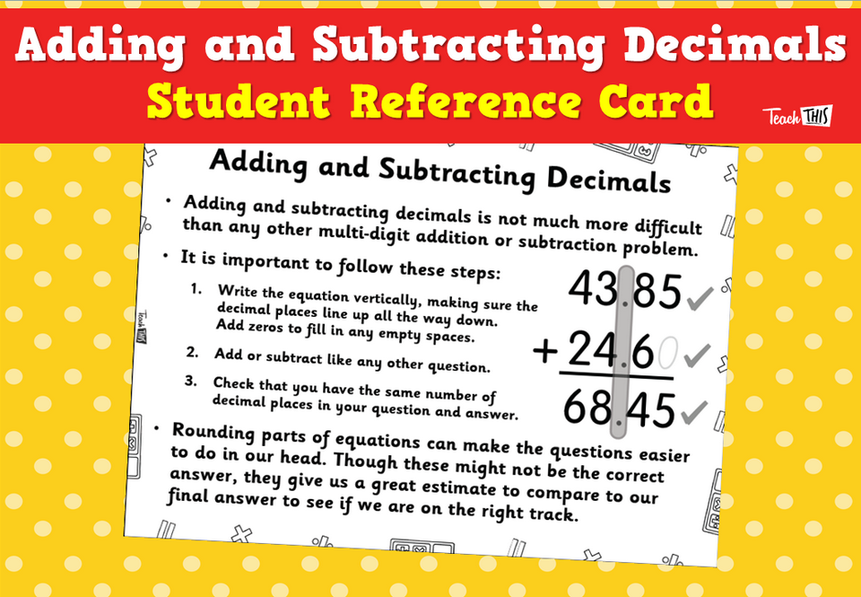 Adding and Subtracting Decimals - Student Reference Card