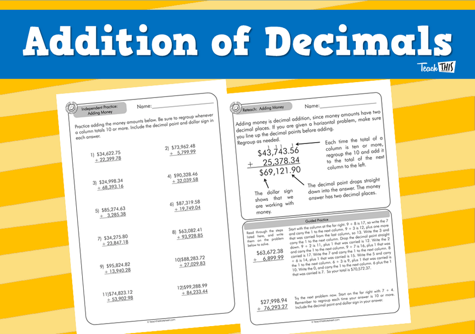 Addition of Decimals (answers incl) 4pg