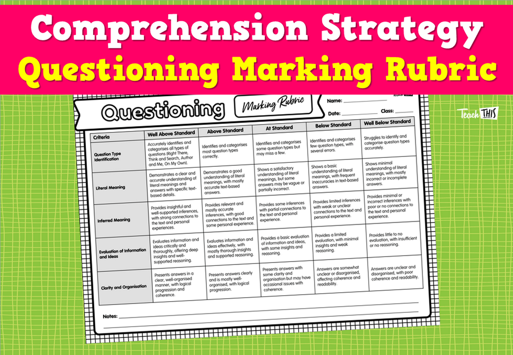 Comprehension Strategy- Questioning - Marking Rubric