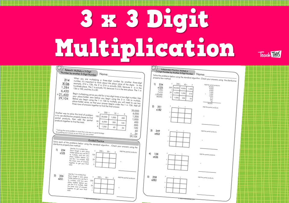 3 x 3 Digit Multiplication (answers incl) 4pg