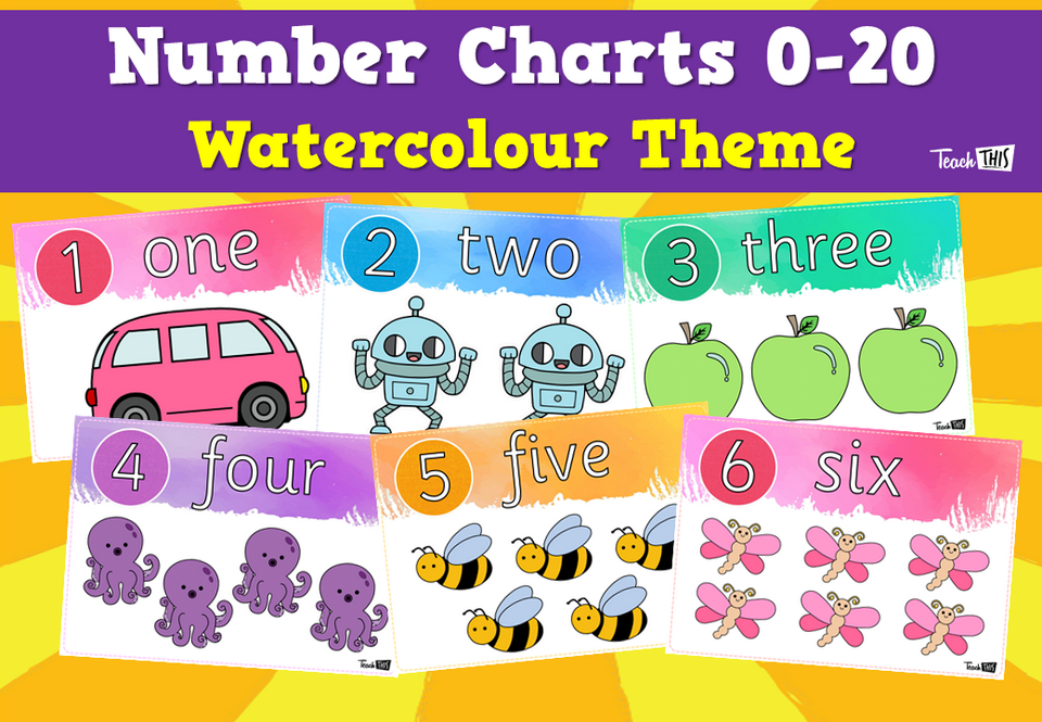 Number Charts 0-20 - Watercolour Theme