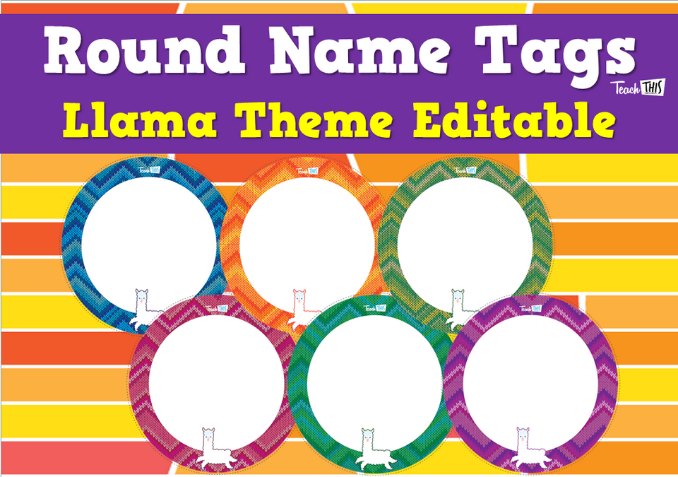 Round Name Tags - Llama Theme Editable