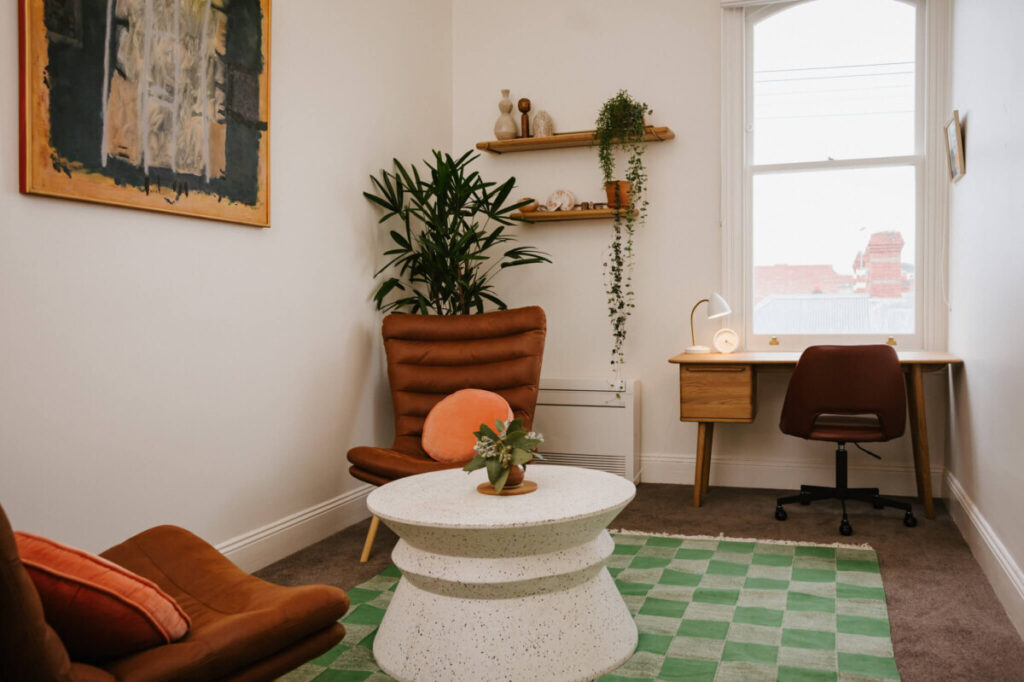 An intimate therapy room at our Fitzroy North clinic for a client and psychologist to speak