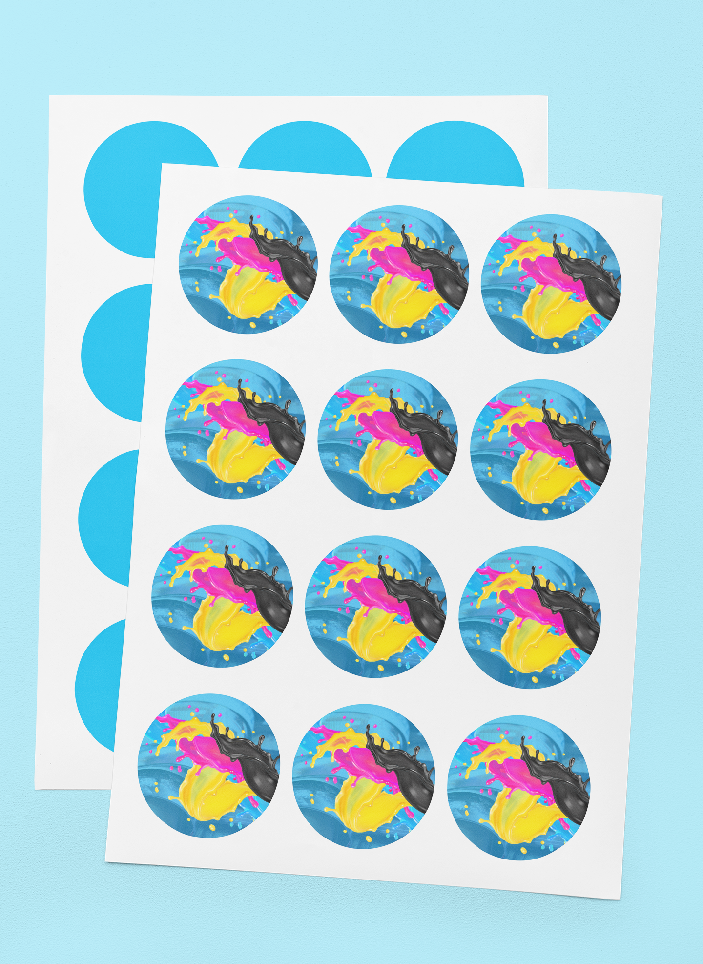Circular stickers mockup featuring a colorful backdrop m31367