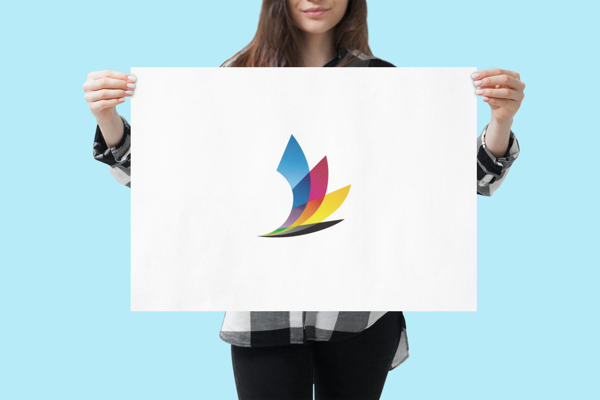 Mockup of a woman holding a horizontal poster at a studio 1320 el