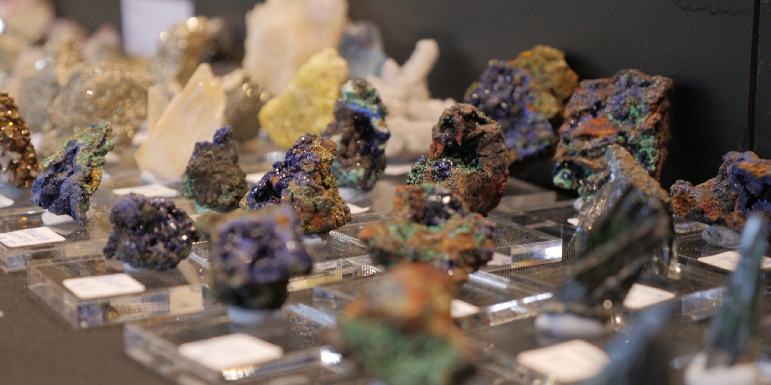Perth Gem and Mineral Show with the Mineralogical Society of Western Australia (MinSoc WA) banner. The banner consists of a range of rocks, gems and stones that are being showcased on a desk