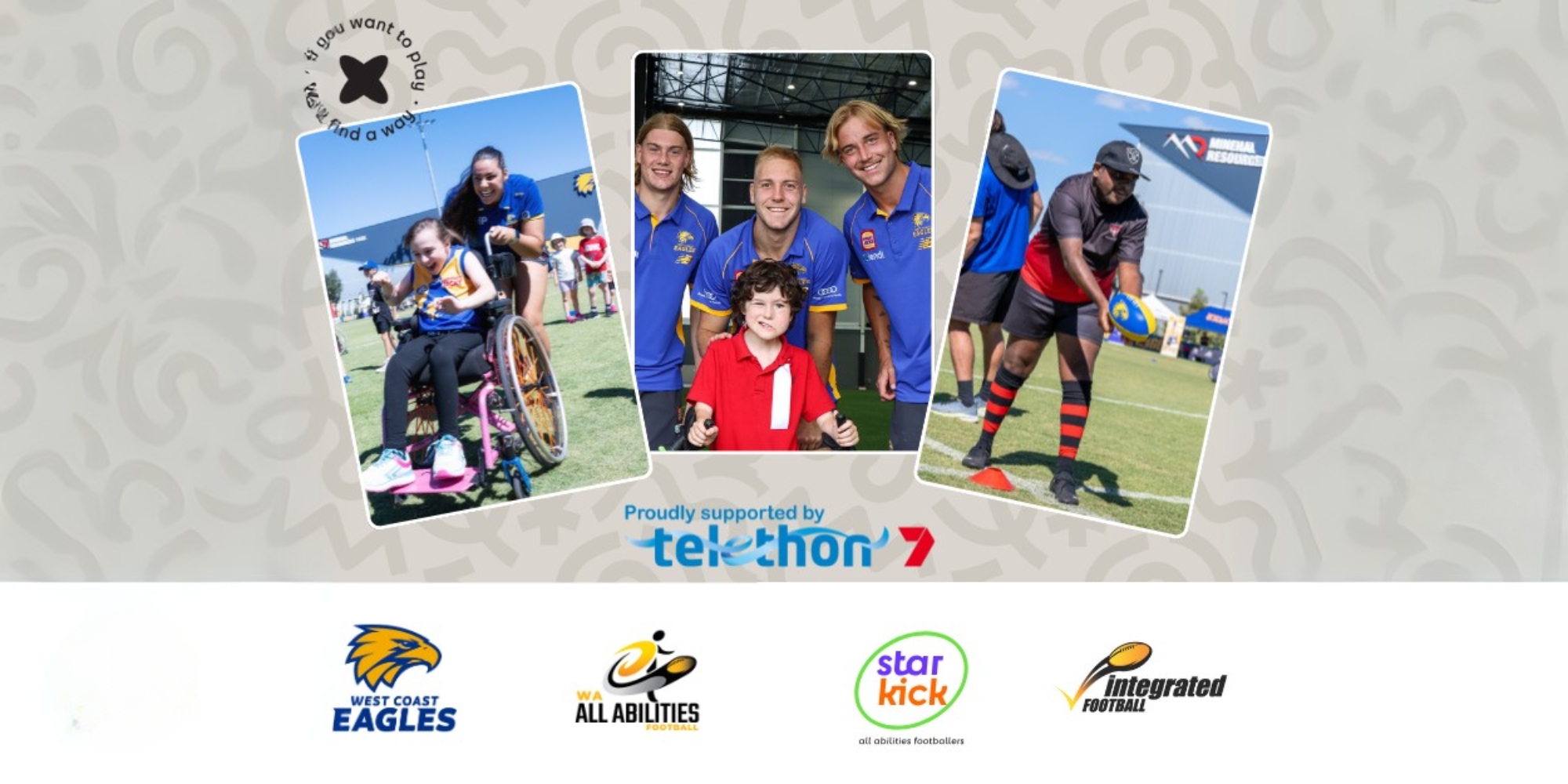 Come and Try Day with West Coast Eagles banner with WA All Abilities Football and Starkick. The banner consists of three images of children with the west coast eagles players and wearing their uniform, or about the kick a west coast eagles branded AFL ball