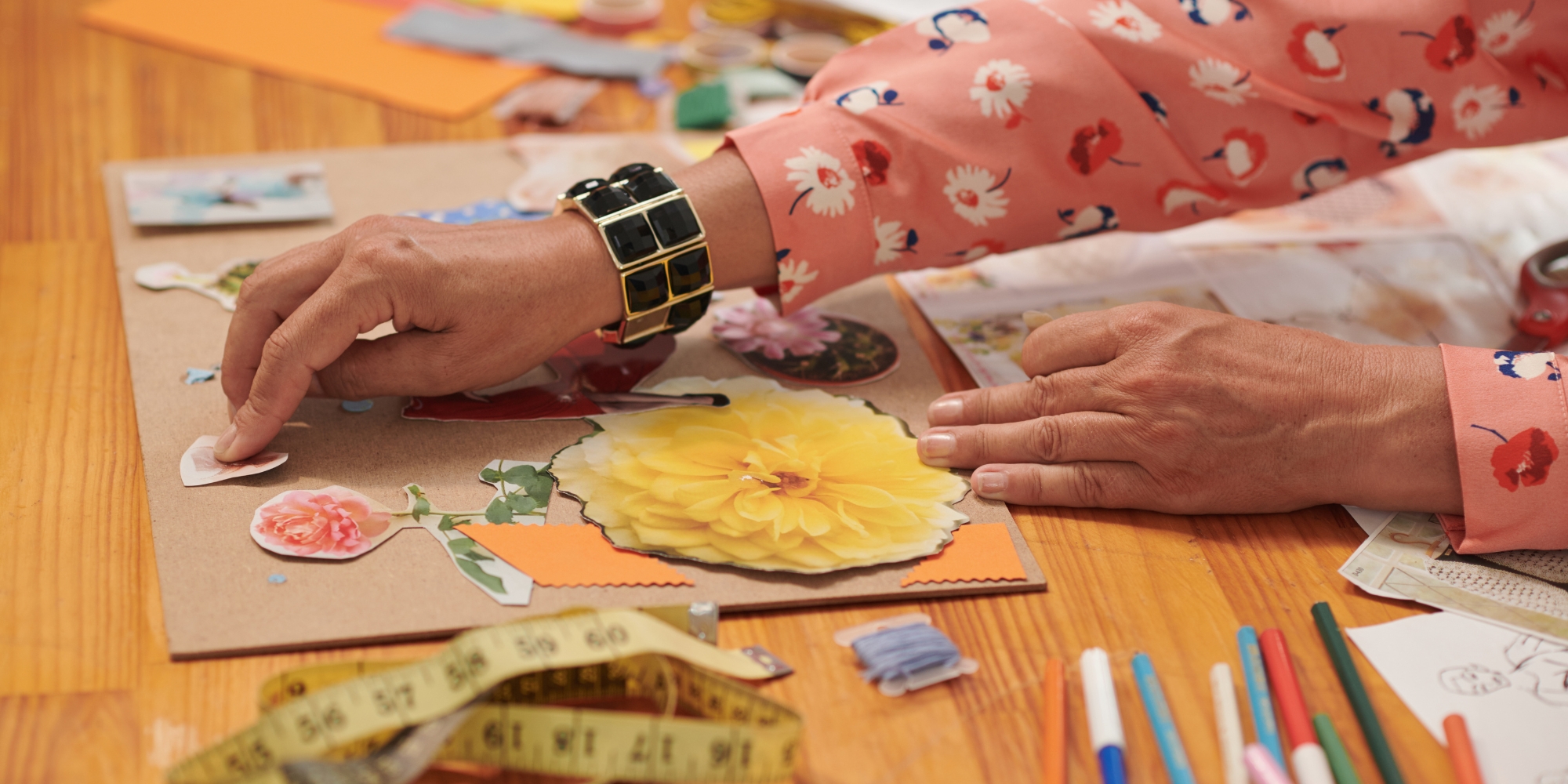 Caring for the Carer: Minfulness and Collage banner. The banner consists of an image of a woman at a desk doing artwork and a collage.