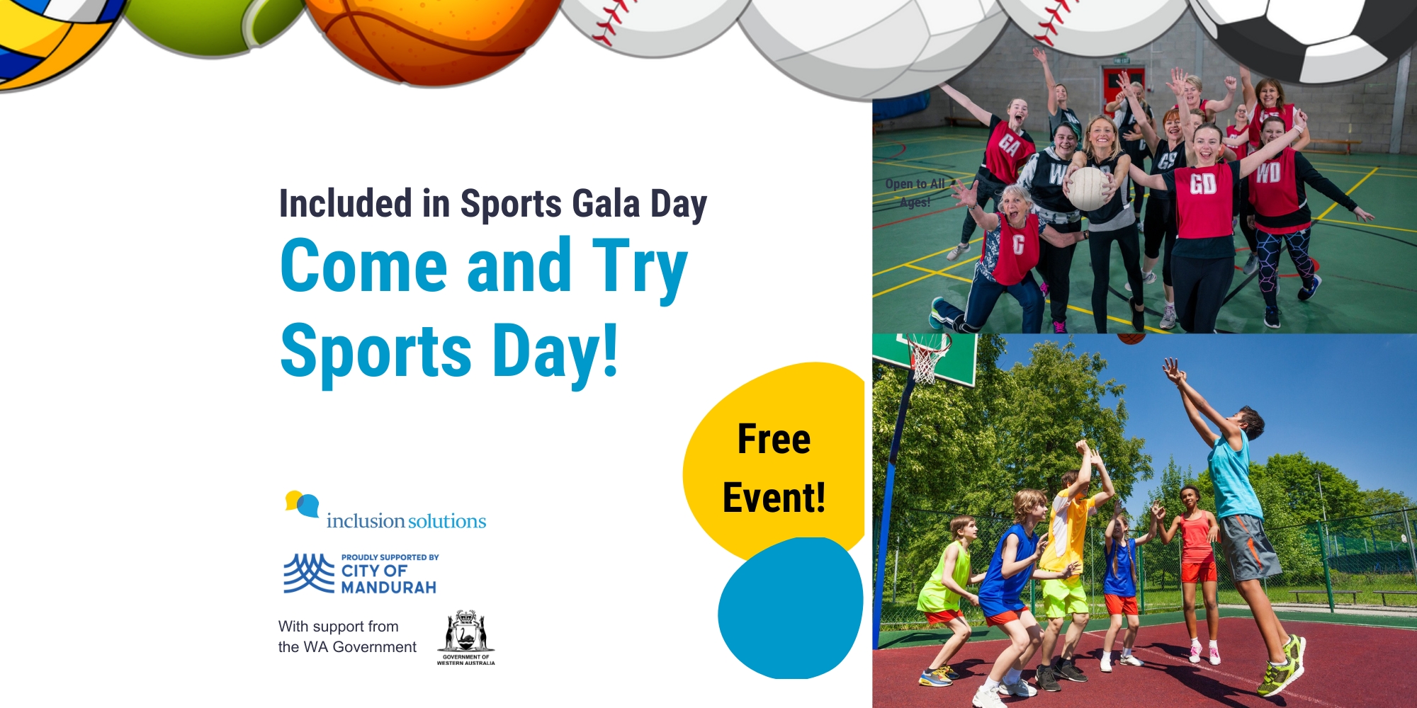 Come and Try Sports Day with Inclusion Solutions and the City of Mandurah banner. The banner consists of a white background with two images of people in different sporting teams. The main text in blue reads 