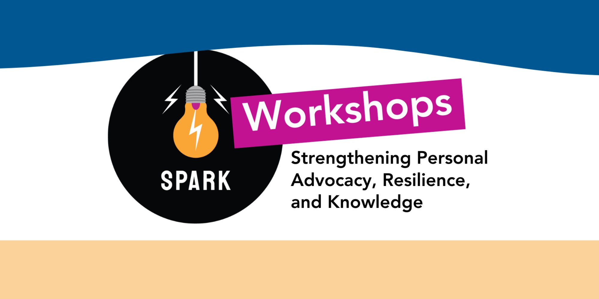 Spark workshops banner with the Youth Disability Advocacy Newtwork (YDAN) The banner consists of an blue wave on the top edge and a orange-yellow rectangle on the bottom edge. The logo for the SPARK program is in the centre