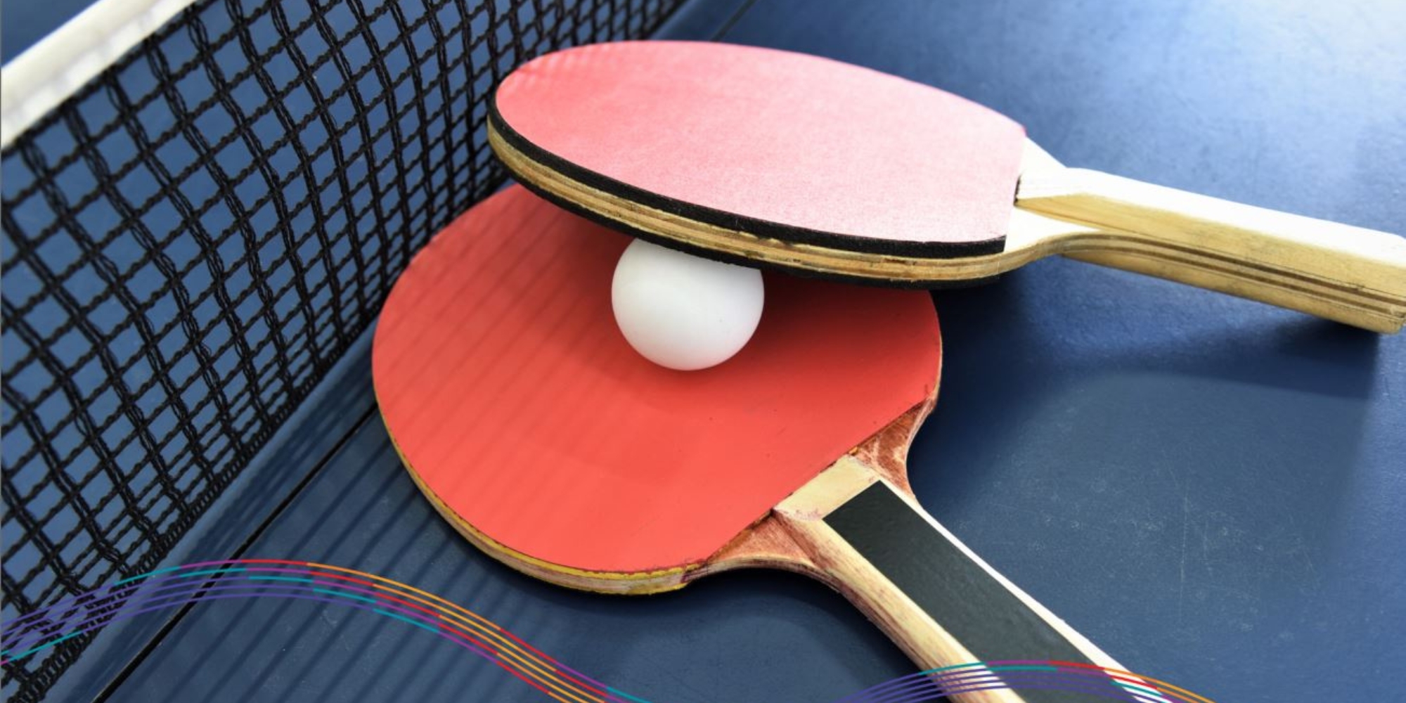 All abilities Table Tennis with the City of Melville banner. The banner consists of an image of two table tennis paddles with a ping pong ball all rested on a table tennis table