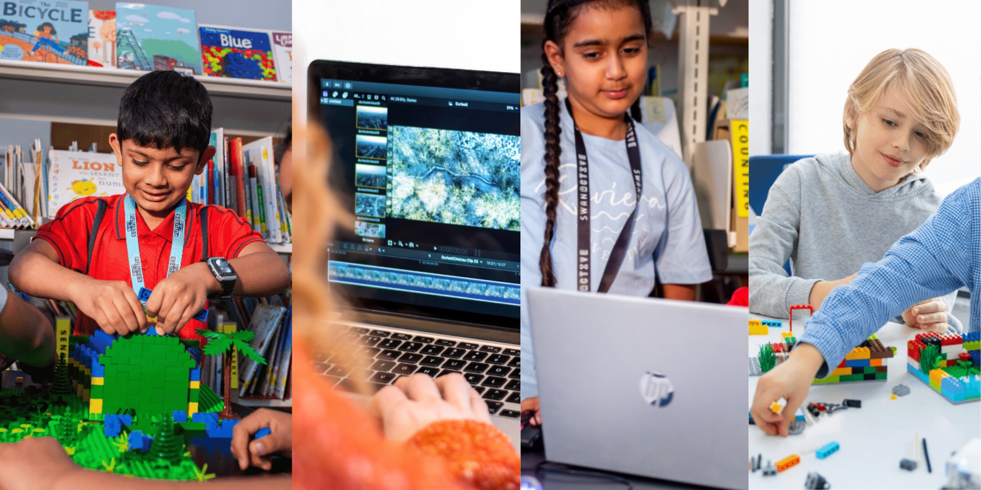 Term 3 activities in the City of Swan banner. The banner consists of 4 separate images of a child playing with LEGO, a person on a laptop, a female child looking at a laptop and a boy playing with Lego with his friends