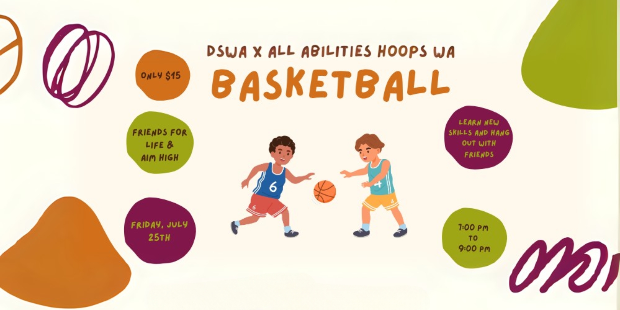 All abilities basketball with Down Syndrome WA and All Abilities Hoops WA banner. The banner consists of a beige background with a graphic image of two males playing basketball on either side of a basketball