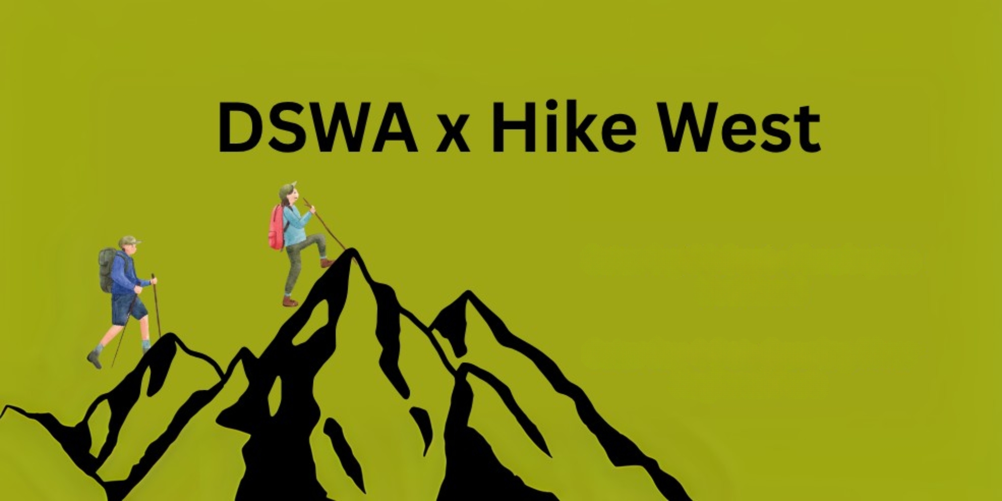 All Abilities Hiking Program with Down Syndrome WA and Hike West banner. The banner consists of a green background with a graphic image of a mountain in a black outline with two graphic images of people walking/hiking on the mountain