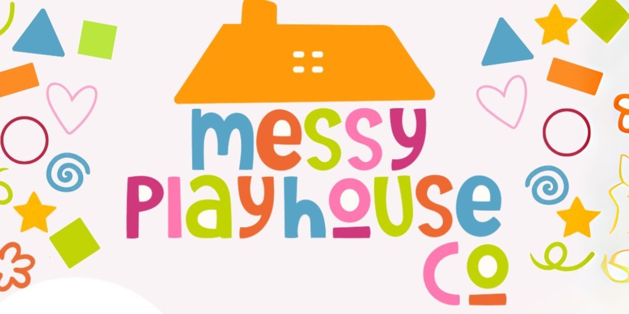 Messy Play with Littlies with All Stars for Autism and Messy Playhouse Co banner. The banner consists of a light pink background with different shapes on the sides. The Messy Playhouse Co logo is in the centre