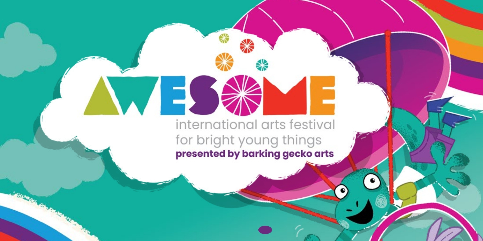 Awesome Arts Festival 2025 banner with Barking Gecko Arts. The banner consists of graphic image of a cartoon character in a air balloon. There is a cloud with a border around it with the Awesome Arts Festival logo in the cloud graphic