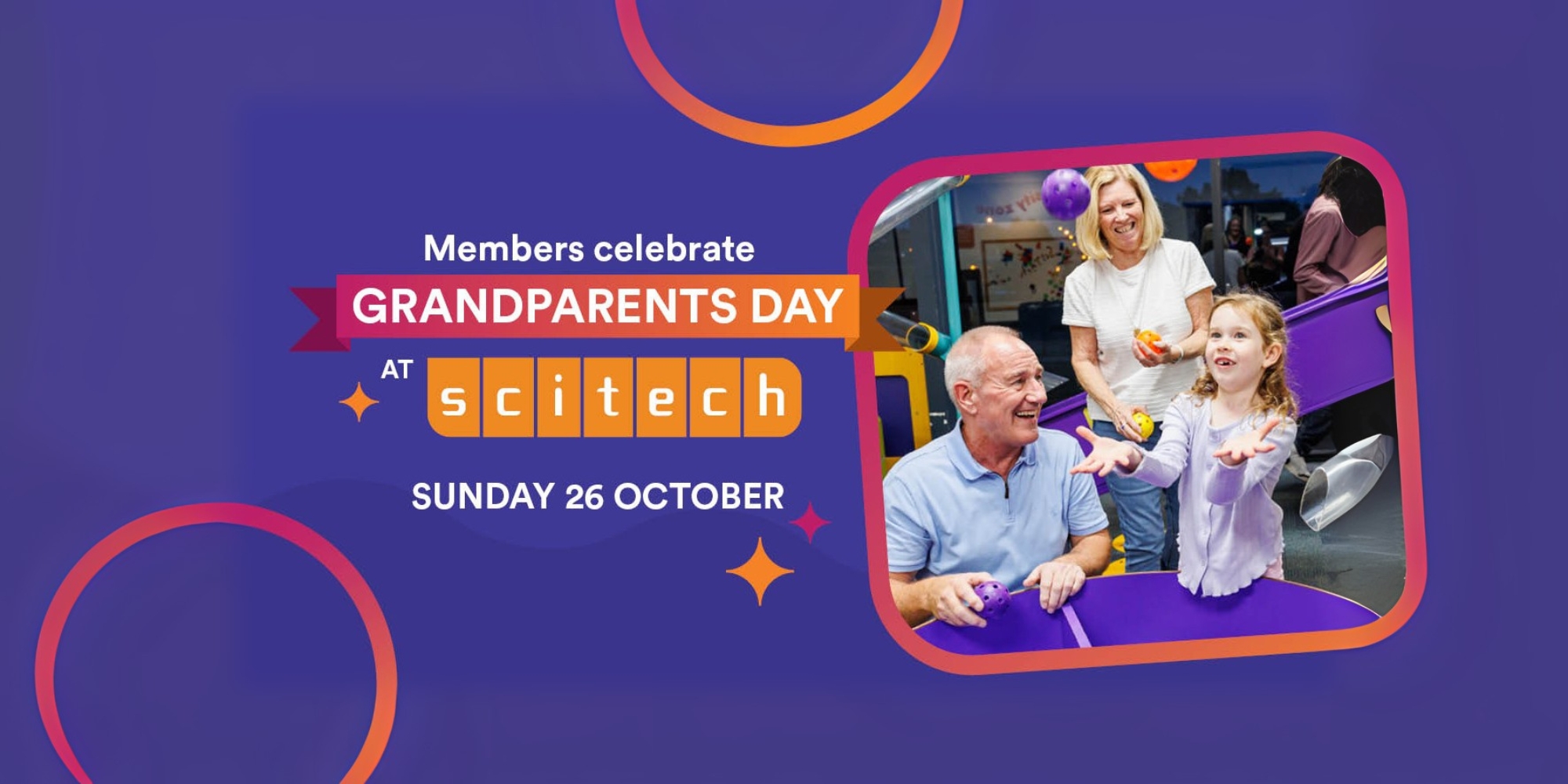 Grandparents Day at Scitech banner. The banner consists of an indigo coloured background with an image of a family interacting with science activities and smiling.