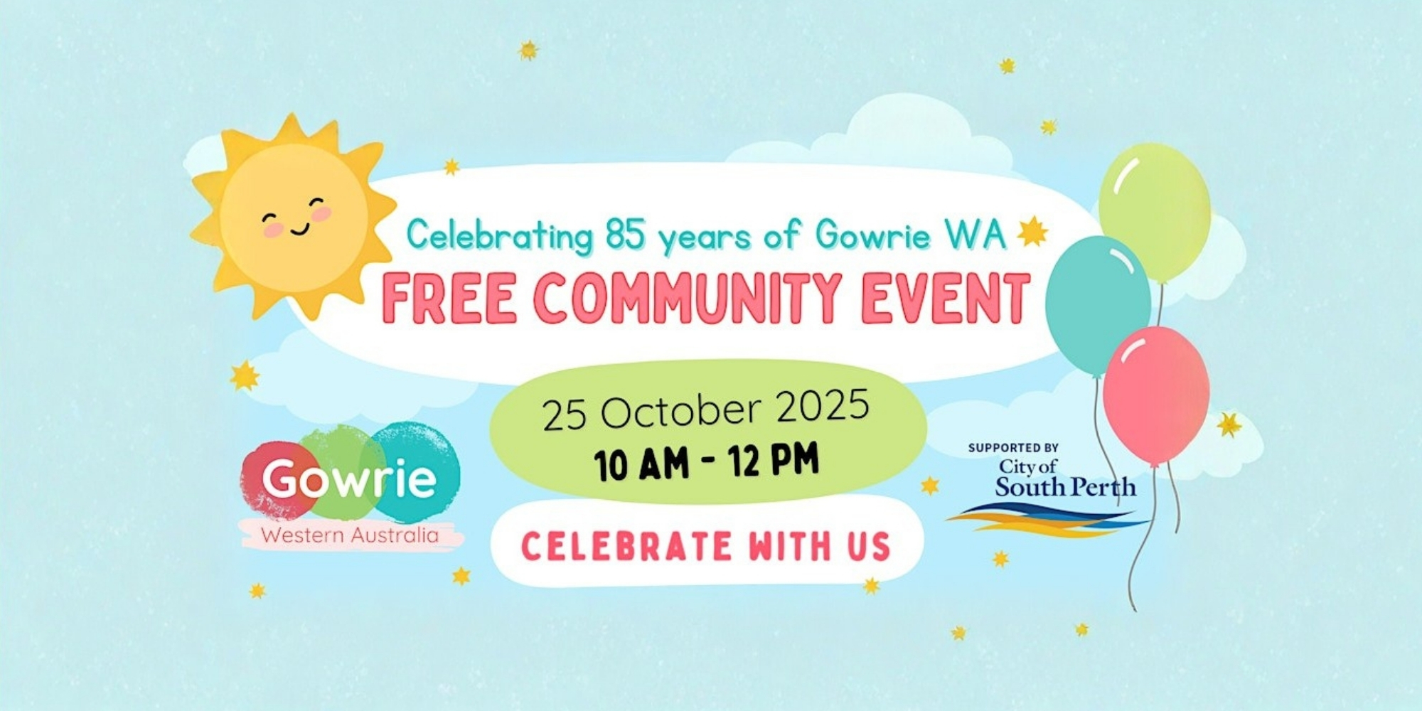 Gowrie WA Community Open Day banner. The banner consists of a blue background with graphic images of balloons and sun. The text in the centre reads 
