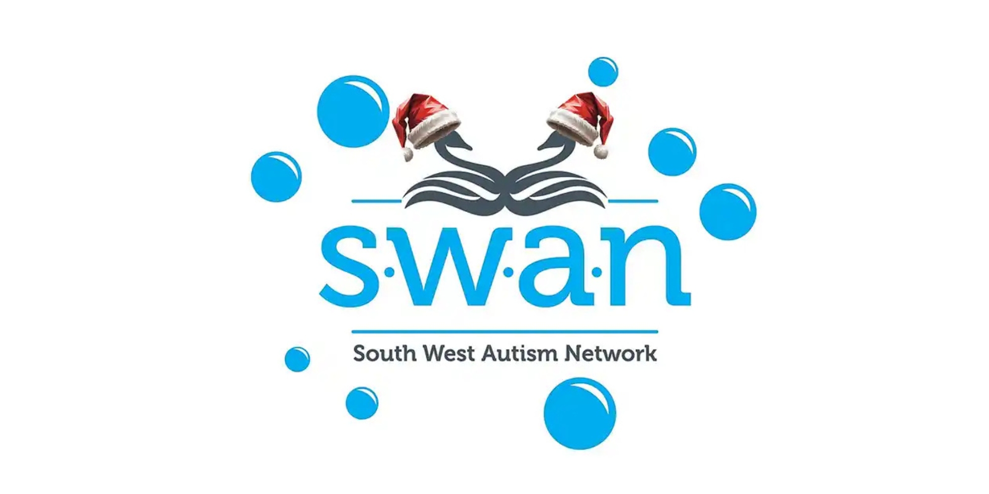 SWAN Family Christmas Party with the South West Autism Network banner. The banner consists of a white background with the SWAN logo in the centre. The swans on the logo at wearing Santa hats.