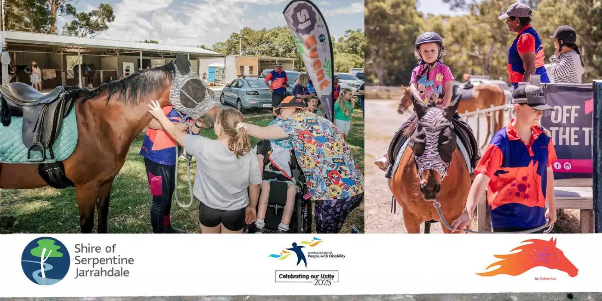 Equine Therapy Have a Go Day with Eq Cetera Inc banner. The banner consists of two images of people with horses. The picture on the right is of a young girl riding a horse with a boy walking and leading the horse. The picture on the left if of a groups people patting a horse