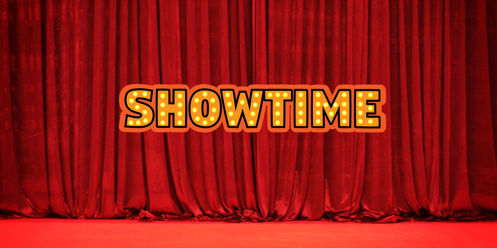 2025 Razzamatazz Variety Show with the Lions Club for Disadvantaged Children WA banner. The banner consists of a red stage with closed velvet curtins with a big graphic image of the text 