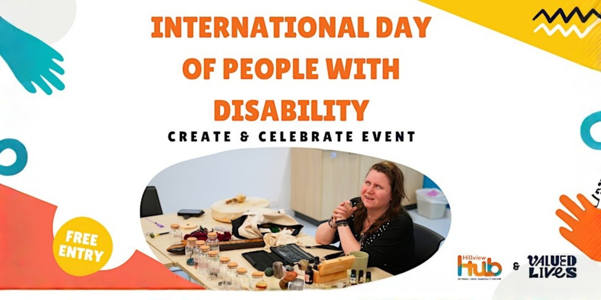 Inclusive art activities in Bentley with Valued Lives WA Inclusive Arts Group (WAIAG) banner. The banner consists of a white background with coloured shapes. There's an oval frame with an image of a woman on a desk with art supplies.