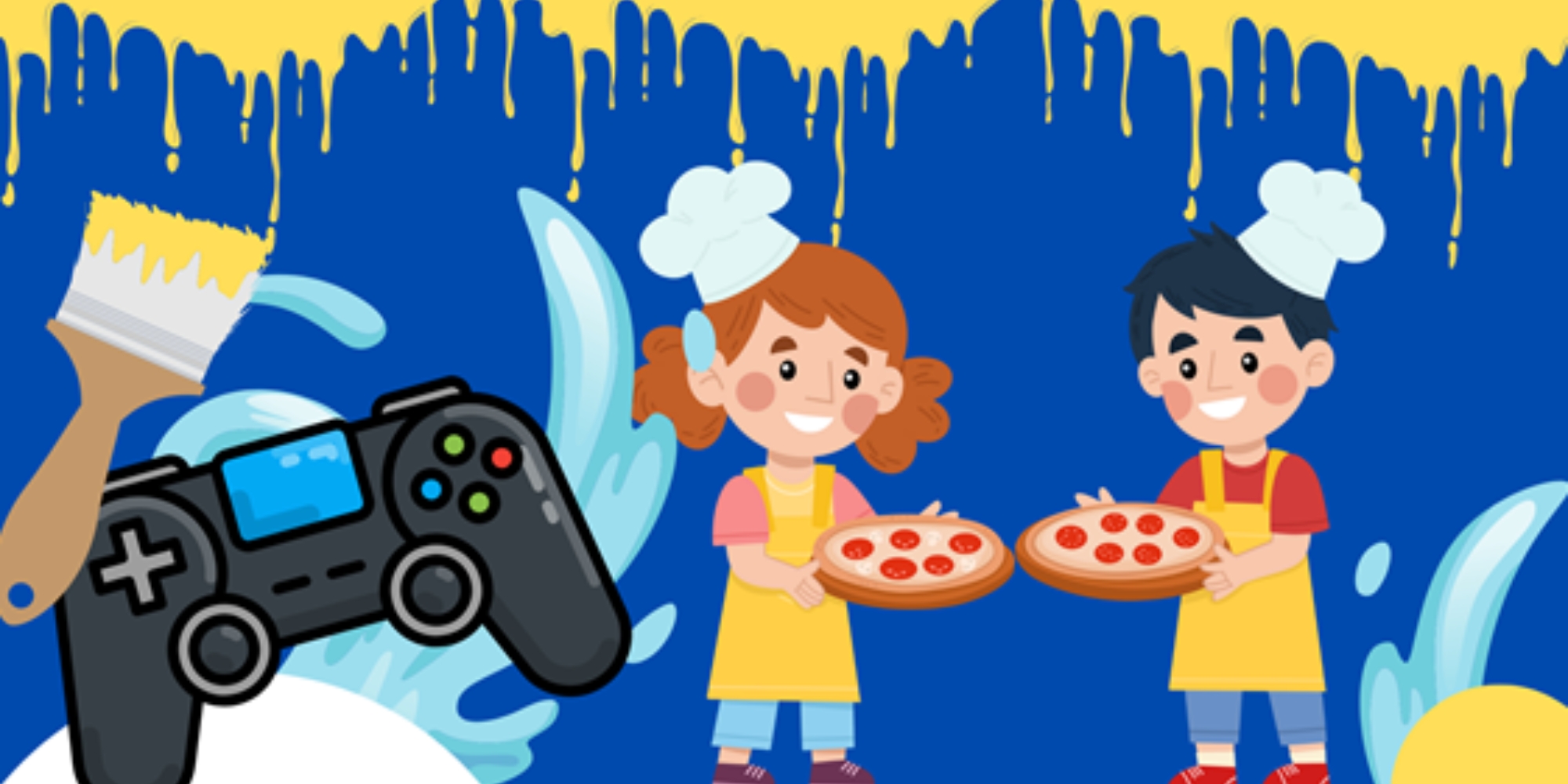 Holiday and Thriving Hangout with All Stars for Autism banner. The banner consists of a blue background with graphic images of paint drips on the top edge, a boy and a girl holding a pizza each, and gaming console.