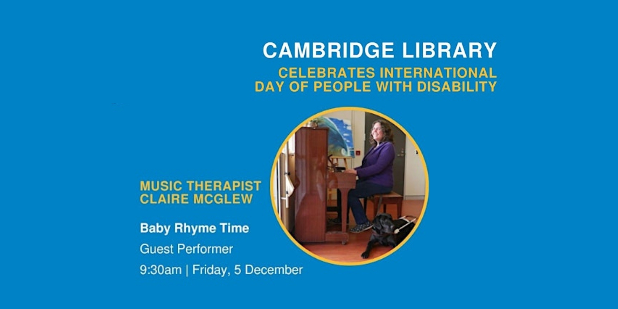 Baby Rhyme Time at Cambridge Library banner. The banner consists of a blue background with an image in a circle frame of a woman playing the piano.