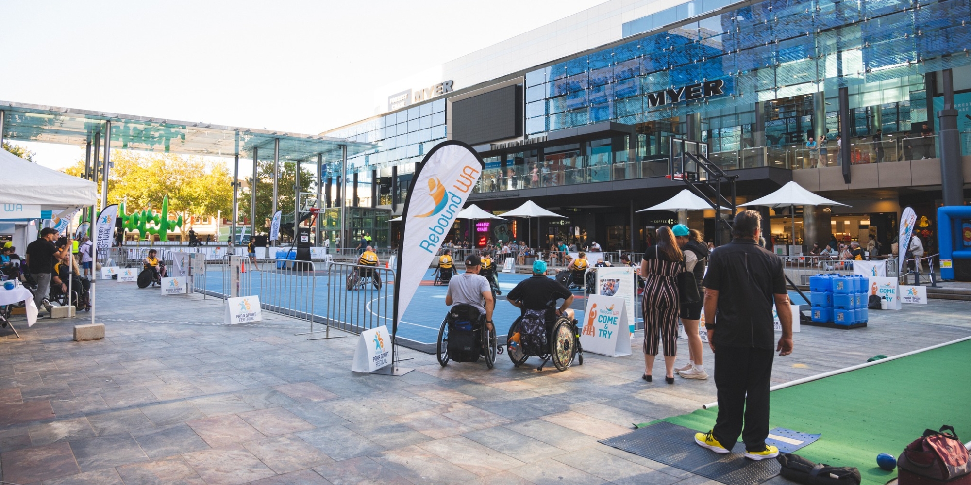 2026 Para Sport Festival with Rebound WA and the City of Perth banner. The banner consists of an image of Forrest Place in Perth CBD with inclusive sport activities and activations around the square with people of all ages and abilties interacting with the spaces.