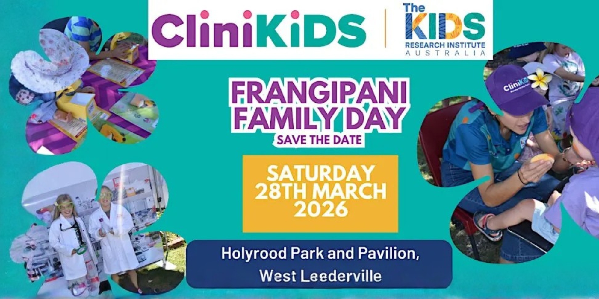 2026 Frangipani Family Day with Clinikids banner. The banner consists of an aqua coloured background with images of people at the family day in flower frames.