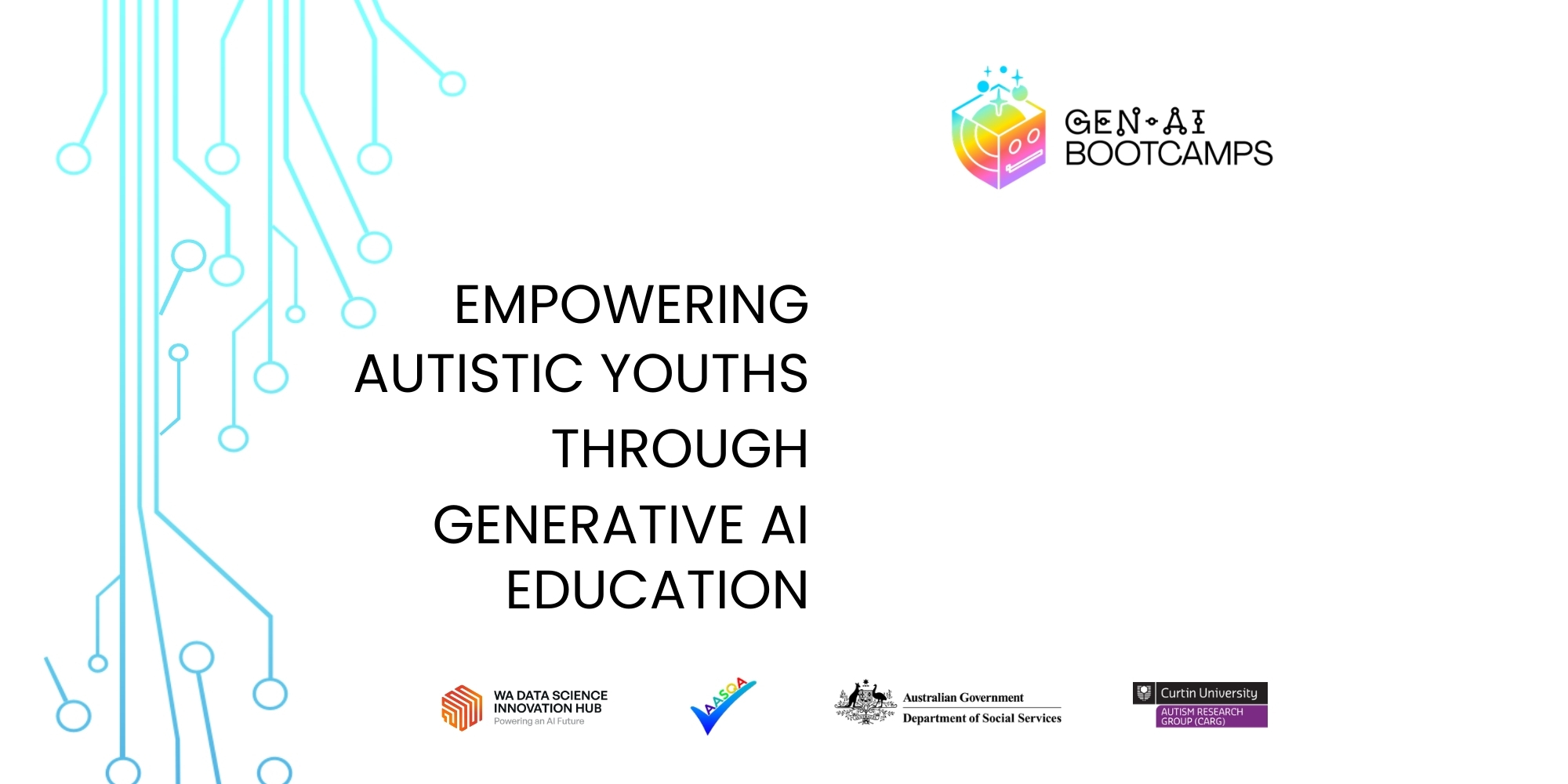 Generative AI Bootcamp at Curtin University banner. The banner consists of a white background with text in the centre left that reads 