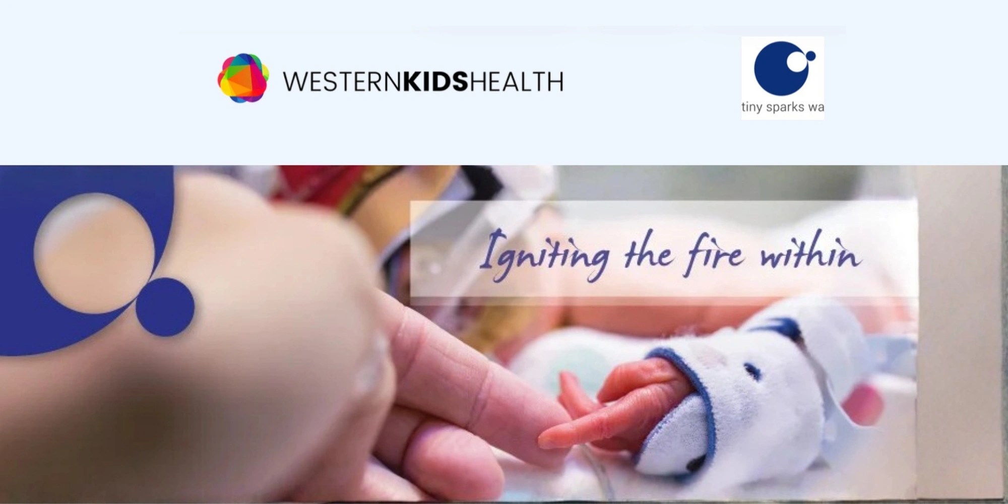 Tiny Sparks Playgroups banner. The banner consists of an image of a babies hand connecting with an adults hand.