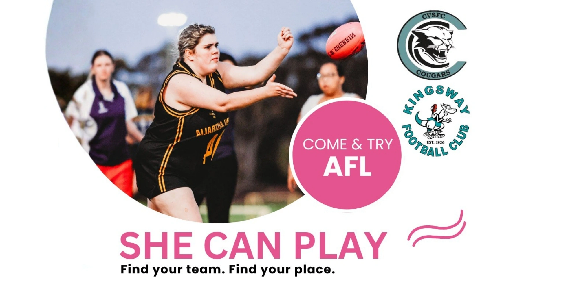 She Can Play: AFL for women with disability banner with WA All Abilities Football. The banner consists of a white background with an image of women wear footbal jerseys. The woman in the forefront of the oval frame is captured in the middle of handballing a footy ball.