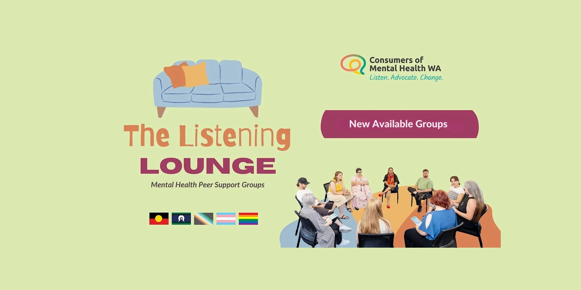 The Listening Lounge Mental Health Peer Support Groups with Consumers of Mental Health WA (CoMHWA) banner. The banner consists of a green background with a image of a group sitting in chairs around a circle on the bottom right of the banner.