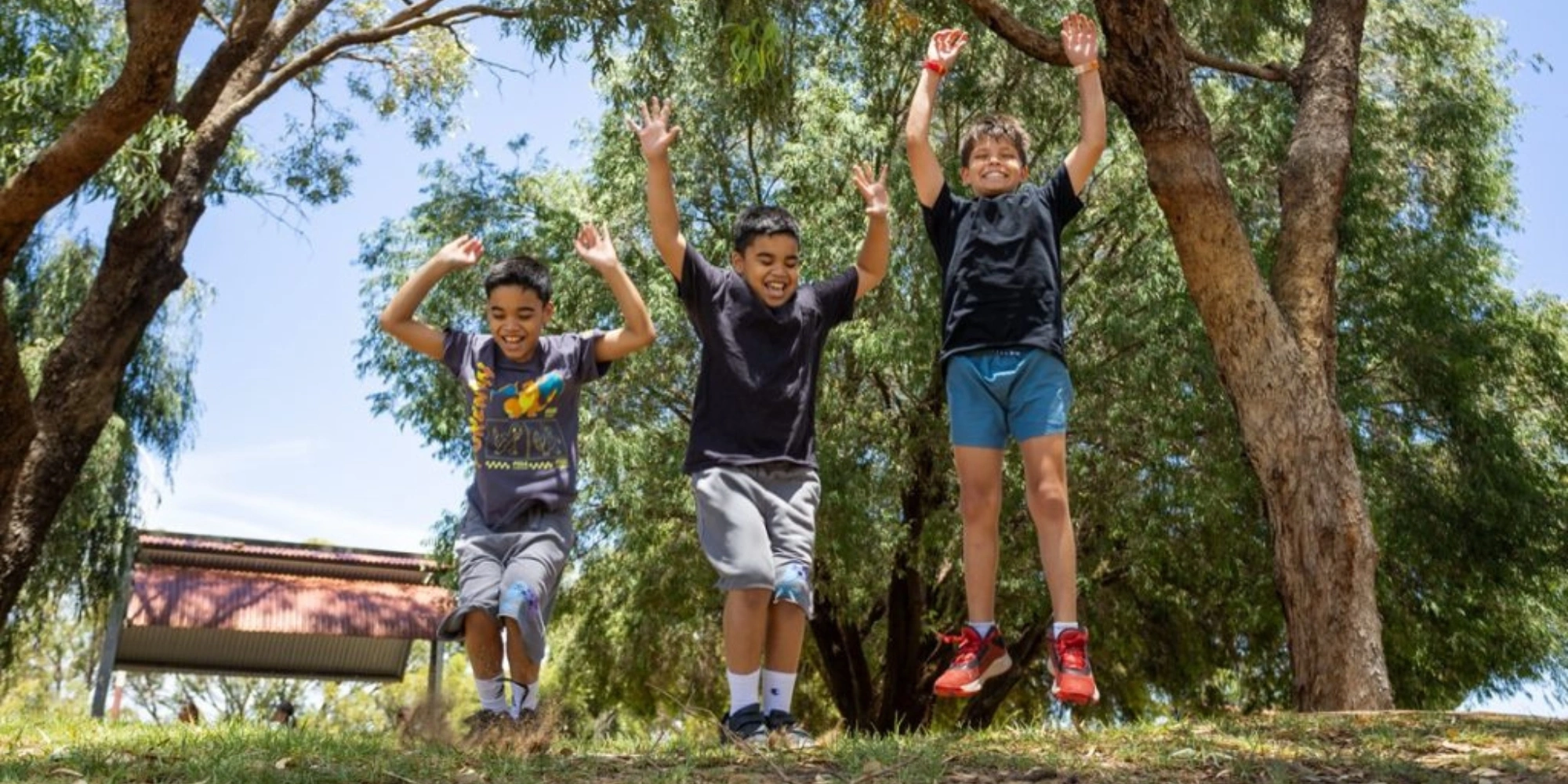 July Telethon Holiday Makers Program banner with Spectrum Space banner. The banner consists of an image of three boys jumping up with their arms raised up. They are all outside in a park or field.